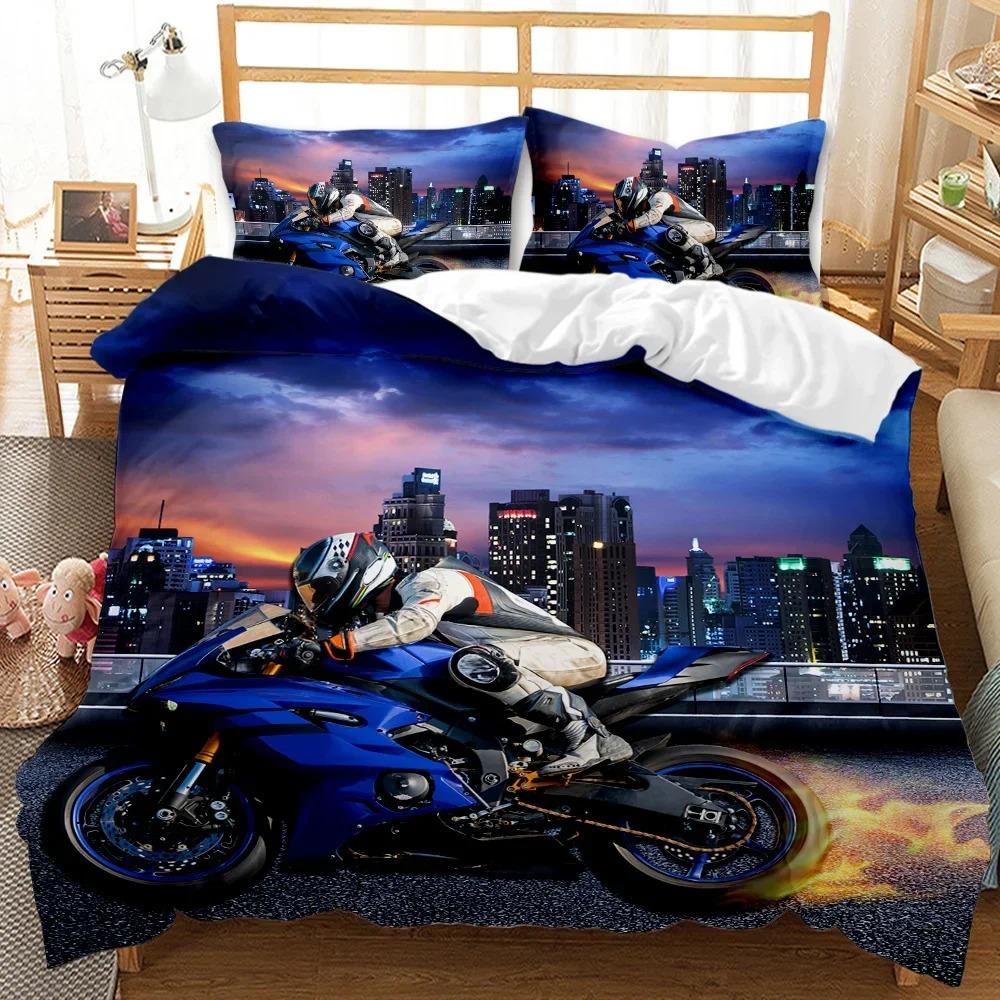 Motorbike Duvet Cover Collection Motocross Rider Racing Motorcycle Dirt Bike Bedding Collection Vehicles Extreme Sports Polyester Quilt Cover