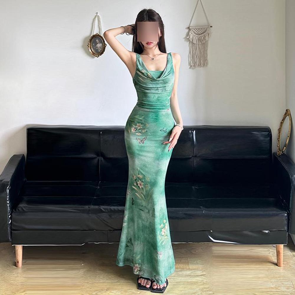 French Spice Girl Spring Pocket Collar Waist Skinny Fishtail Long Skirt Mori Smudged Butterfly Printed Mesh Suspender Skirt