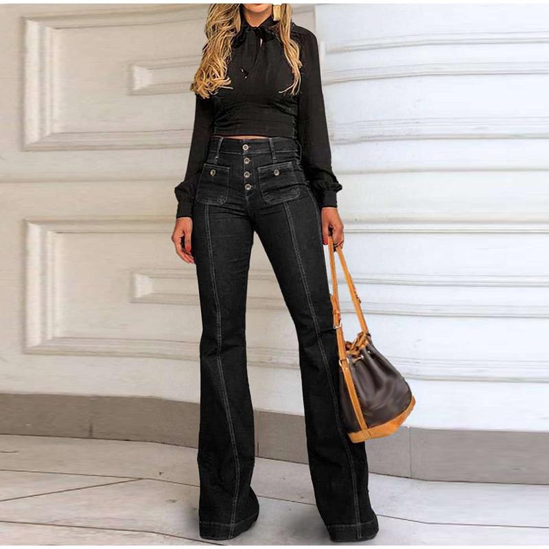 Retro High Waist Slim Flared Jeans Washed Denim Elastic Fitting Lange Hosen Straight Leg Jeans Blau Farbe Frühlingssaison Universal