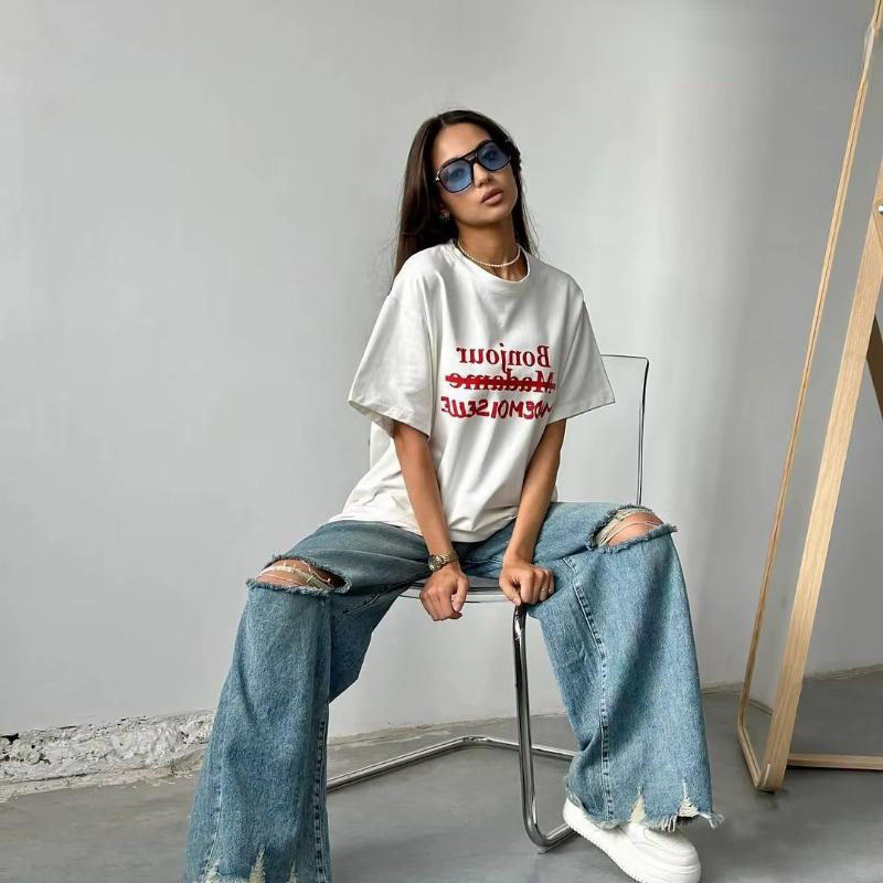 Simplicity Letter Printed Cotton T Shirt Women Summer White Loose Short Sleeve Round Neck Tops Casual Basic Lady Clothes