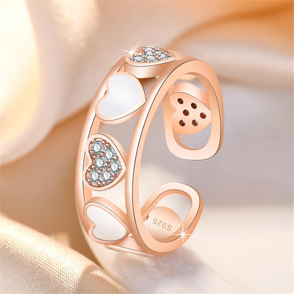 Elegant Female White Zircon Black Stone Heart Adjustable Open Ring Vintage Rose Gold Silver Color Wedding Jewelry For Women