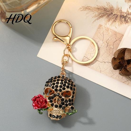 Gothic Skull Keychain Holding Rose Rhinestone for Halloween Skeleton Halloween Head Key Ring Chain Accessory Handbags Backpacks Zinc Alloy Ring