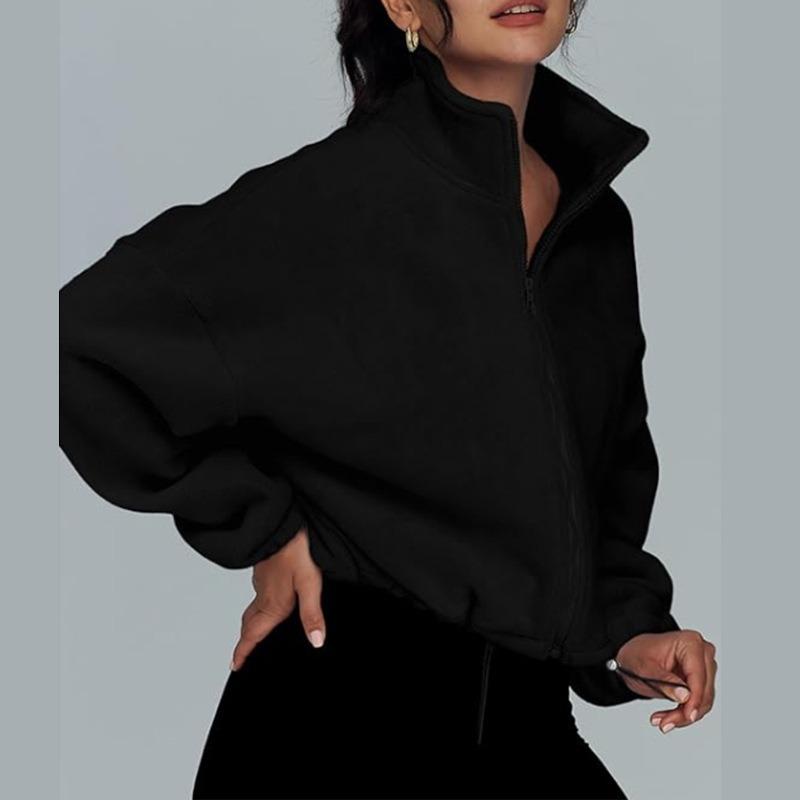 Ladies Spring Autumn Casual Long Sleeve Stand Collar Zipper Solid Color Drawstring Gather Waistline Cardigan Hoodies Sweatshirt Top