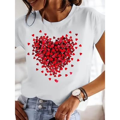 Tamanho Europeu Estampa de Coração Vermelho Graffiti Dia dos Namorados | Camiseta de Manga Curta com Gola Redonda para Mulheres, Primavera e Verão, Estilo Casual