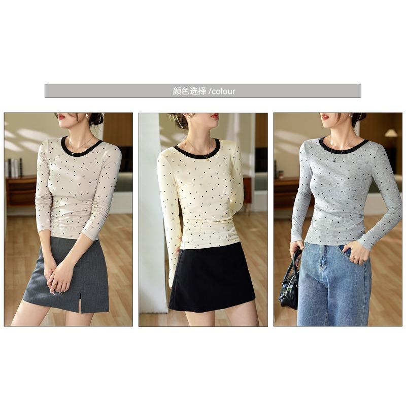 Women Polka Dot Color Block Long Sleeve Slim Fit Vintage Bottoming T Shirt