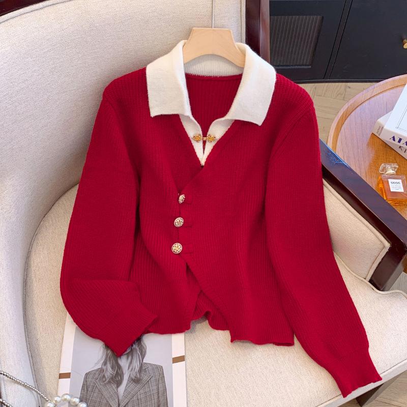 Two-piece Heavy-industrial Knitted Cardigan Casual Loose Lapel Temperament Long-sleeved Sweater Shirt