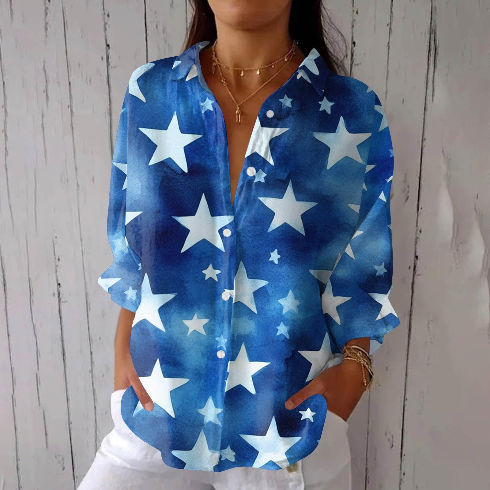 Women s Fashion Seven Sleeve Casual Lapel Back Tie Shirt Independence Day Printed T-Shirt Top S синий