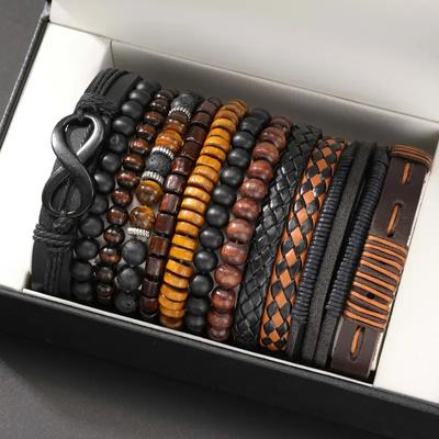 12 Pieces, Men's Fashionable Punk Imitation Leather and Wooden Bead Bracelet, Casual Style Can Be Layered, Suitable for Daily Wear and Parties