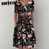 GMXIA 30 Color Pleated Midi Dress Short Sleeve Round Neck Loose Hem Mid-Calf Length Women Floral A-Line Party Dress Casual Wear