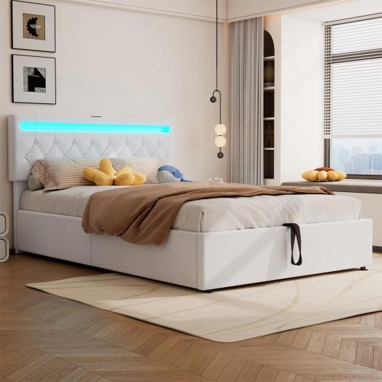140x200CM Platform Bed with LED Ambient Light 24-Button Remote Control USB Type-C Charging Port Double Bed Modern White/Grey Large Storage Space
