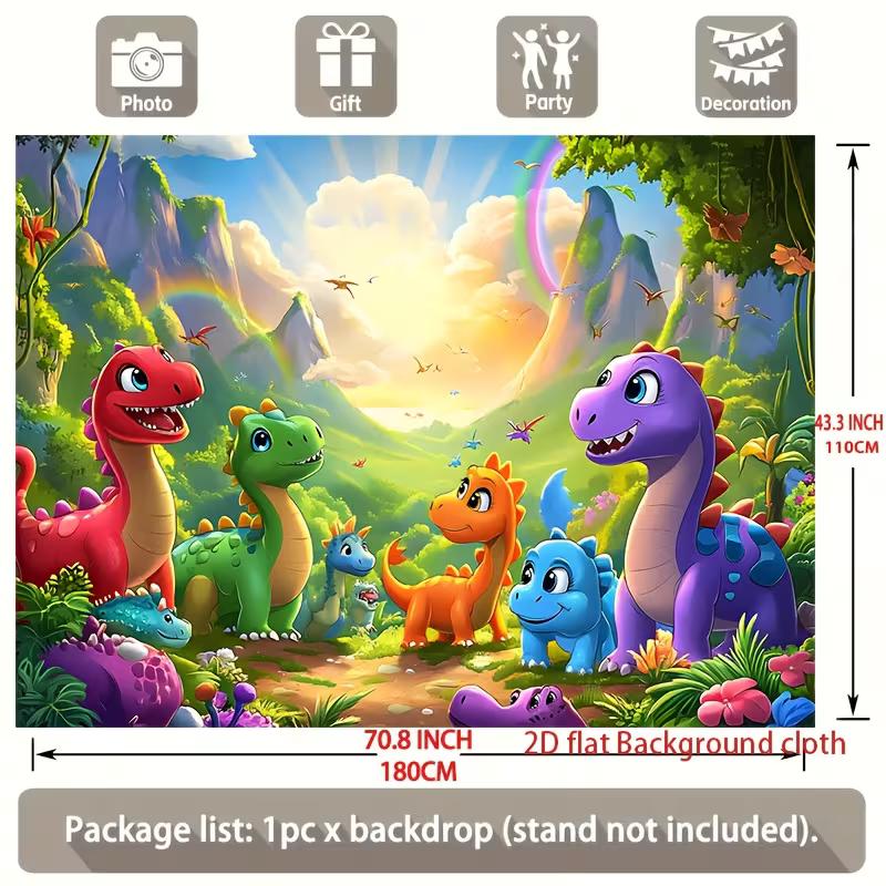 Cute Cartoon Dino Tapestry, Rainbow Mountain & Jungle Wall Hanging, Bright Prehistoric Animal Wall Decor for Kids Room