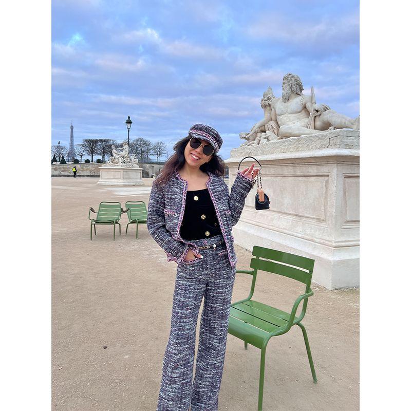Blacknini Yin Huafu Duleli Garden High Luxury Purple Dream Green Shadow Classic Style Tweed Outwear Pants