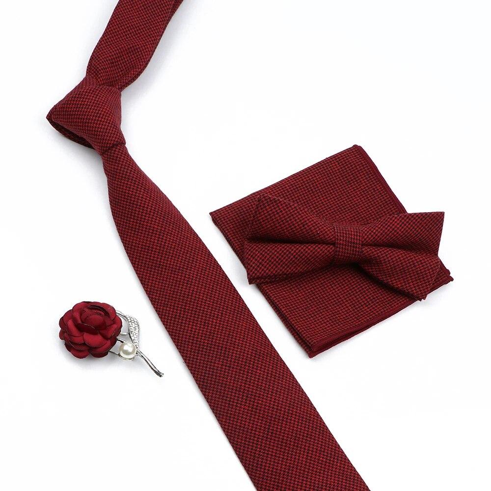 Solid Color Cotton Necktie Set For Men Tie 4pcs Hanky Cufflinks Rhinestone FLoral Brooch Tie Set