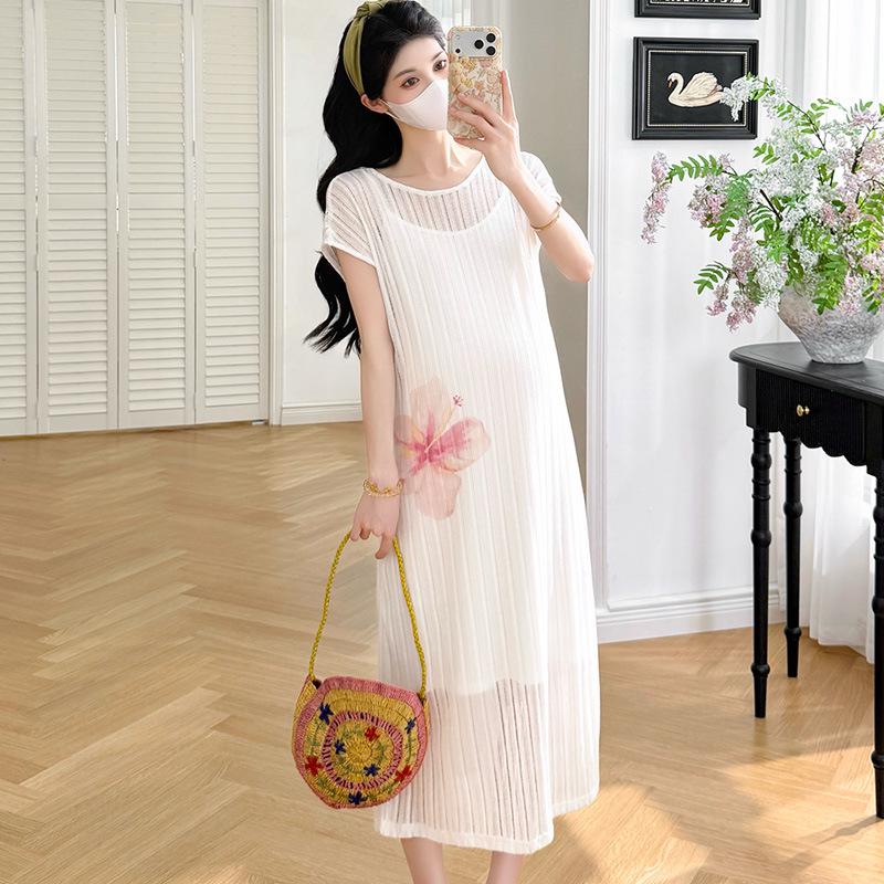Summer 2026 Korean Style Maternity Dress Set: Elegant White French Spaghetti Strap Two-Piece M