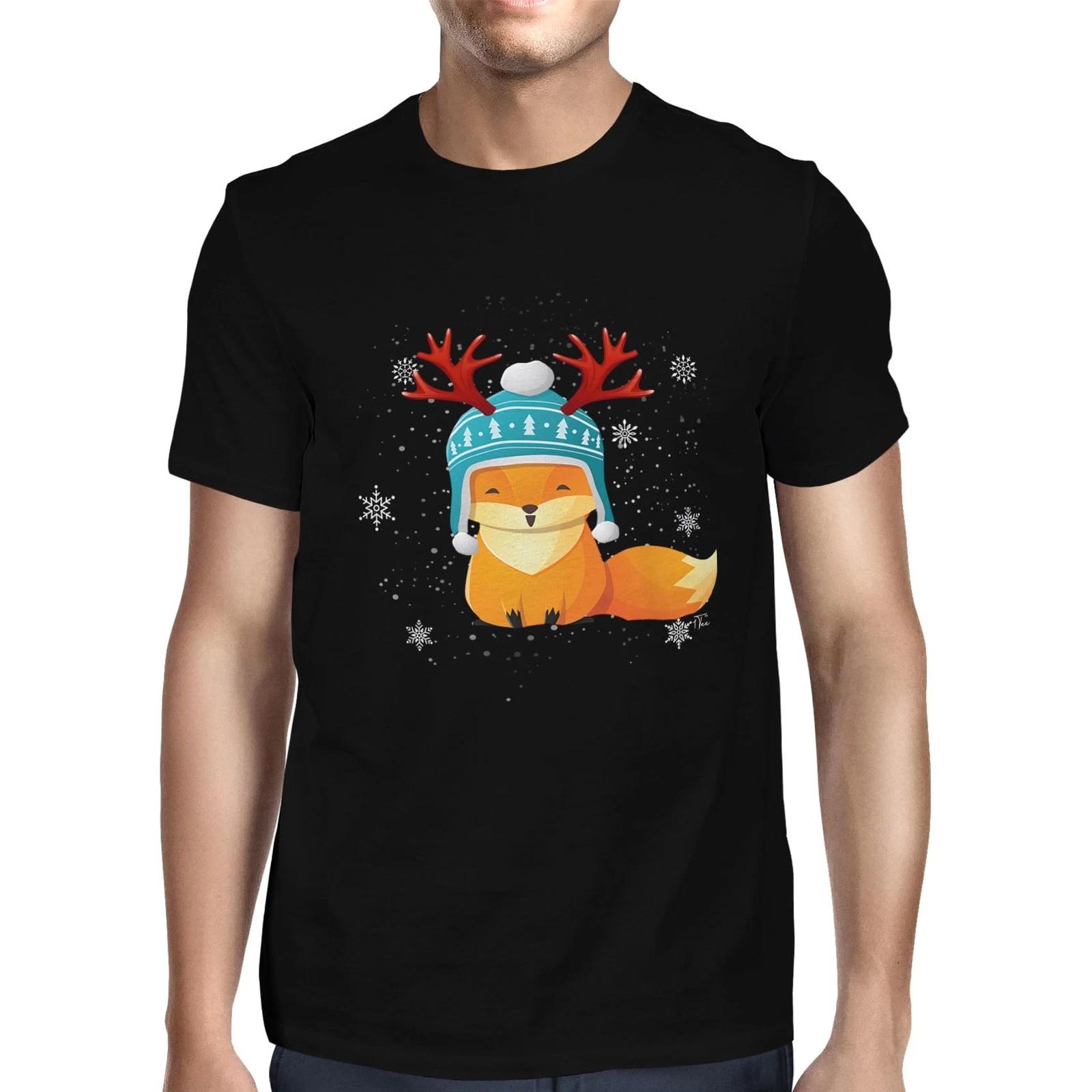 1Tee Mens Cute Christmas Fox Wearing Hat with Reindeer Antlers T-Shirt XXL