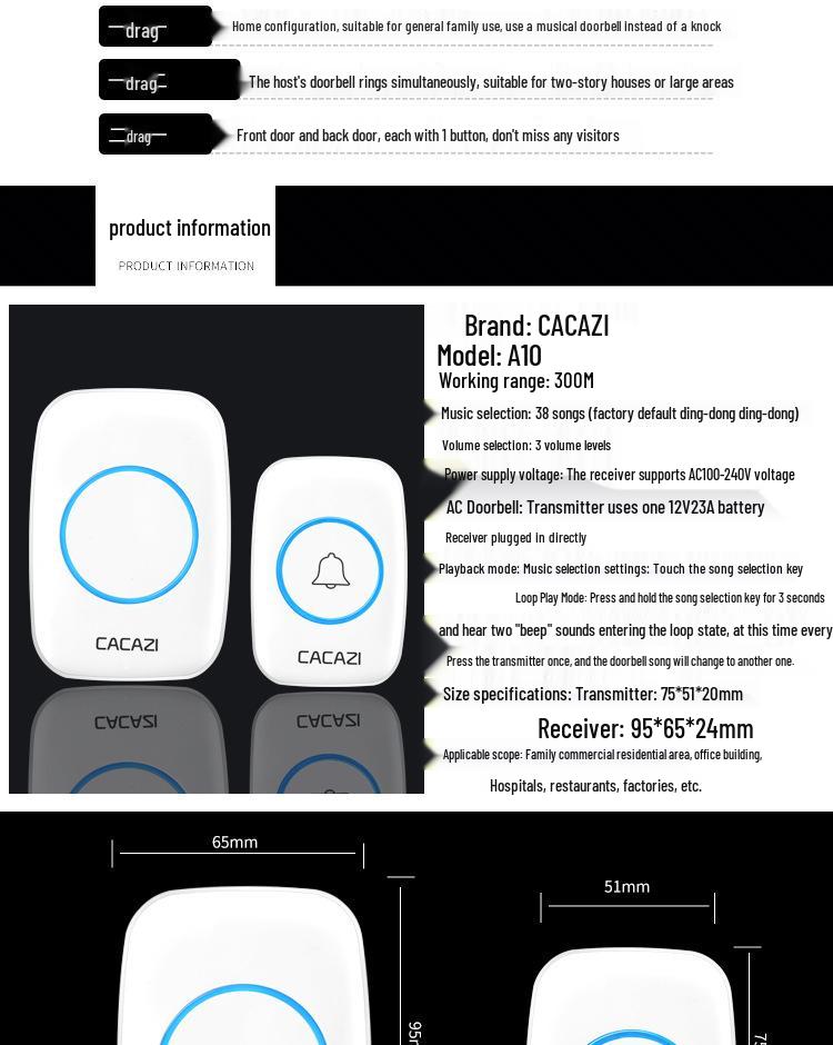 Elderly-Friendly Waterproof Wireless Doorbell with Long-Range, Two Receivers, and Wall-Penetration Capability