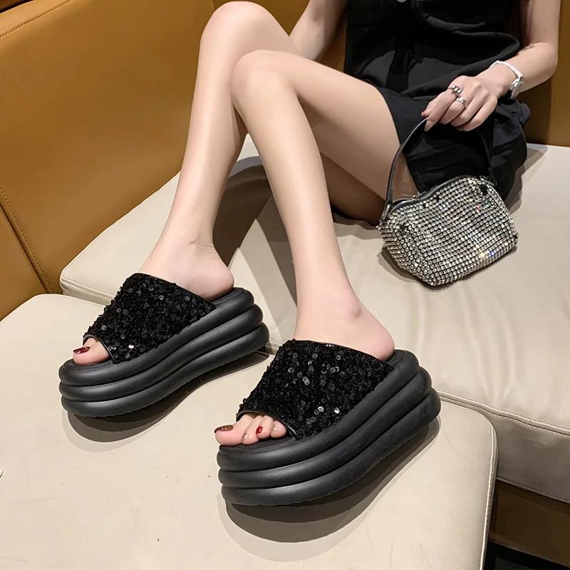 Fashion 8CM Bling Woman Platform Sandals Ladies Elegant Medium Women's Shoes Flats Summer Sandals Women Designer Shoes Girls slippers