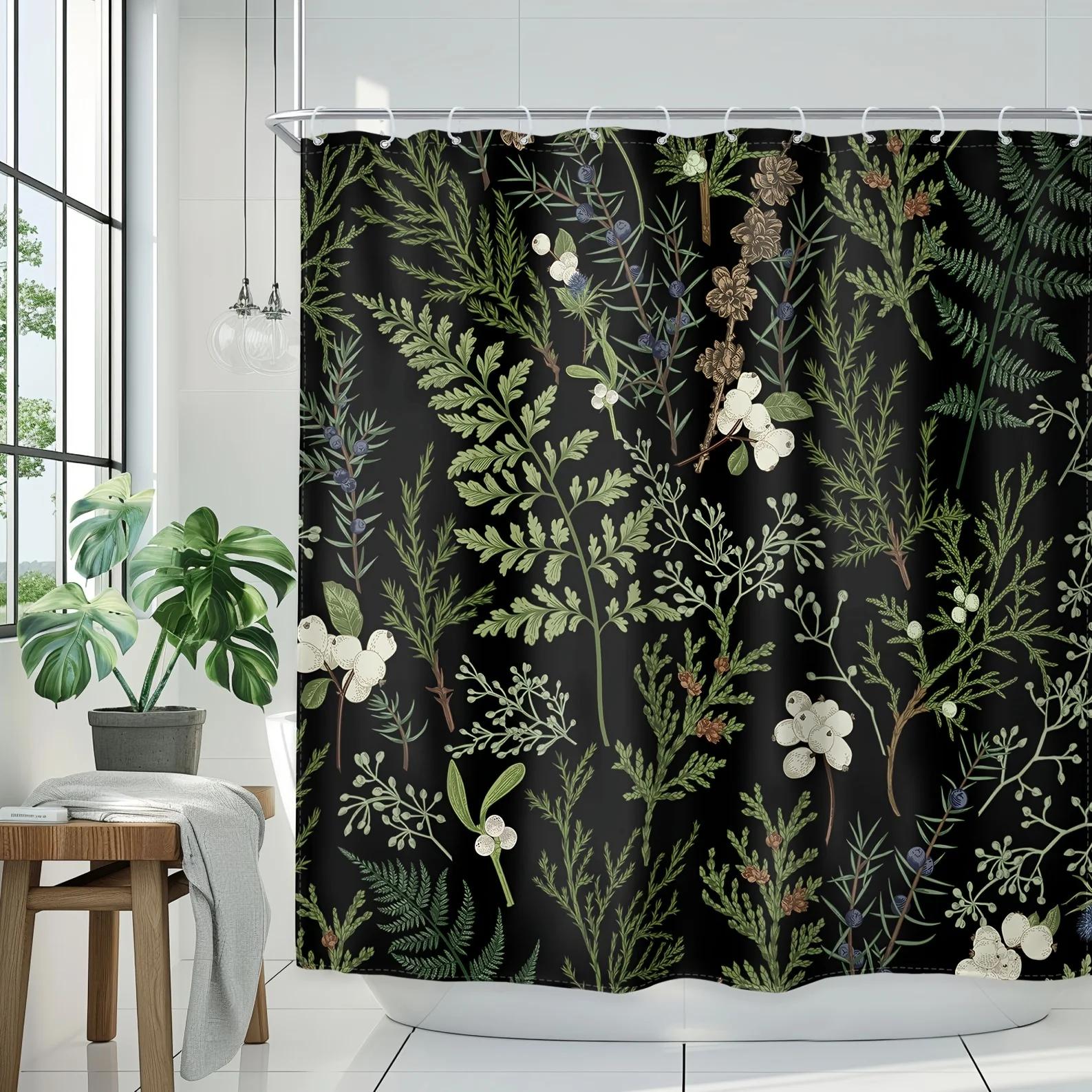 

Botanical Leaves Shower Curtain Set - Sage Green, Floral, Rustic, Vintage, 12 Pack Hooks For Farmhouse Bathroom Decor W60H190(CM)-1 Pcs