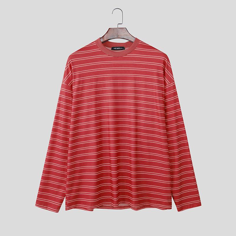 INCERUN Oversized Men Long Sleeve Striped Loose Casual Tops T-shirts