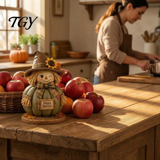 Versatile Festival Soft Furnishings Fall Scarecrow Figurine, Wooden Pumpkin Statue, Rustic Autumn Harvest Season Table Decor Tabletop Decoration