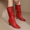 Fashion Trendy Women Pleated Blue Denim Jeans Boots Spike Heels Pointy Toe Knee-high Boots Shoes Autumn Winter Red Black White Pink