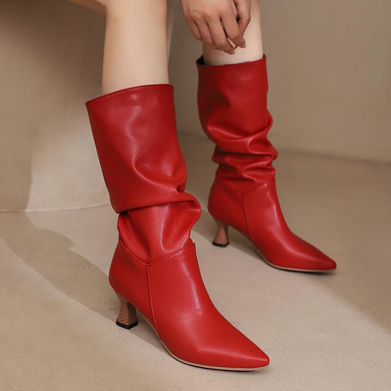 Fashion Trendy Women Pleated Blue Denim Jeans Boots Spike Heels Pointy Toe Knee-high Boots Shoes Autumn Winter Red Black White Pink