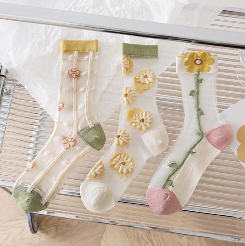 Tulpenmuster Transparente Seiden-Kniestrumpfhosen für Damen – Trendige Sommersocken