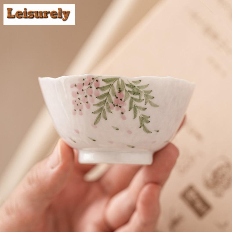2pc/set Hand Drawn Wisteria Flower Ceramic Tea Cup Small Single Master Cup Ladies' Tea Bowl Meditation Cup Kung Fu Teaware 60ml