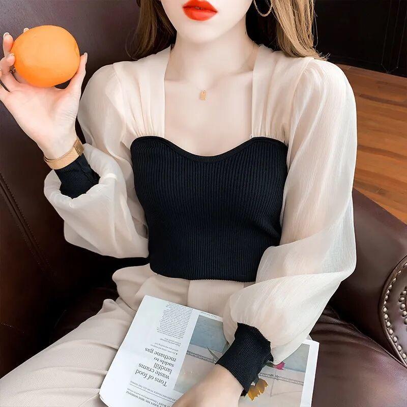 French Polka Dot Mesh Bubble Sleeve Patchwork Ice Silk Tops Women Spring and Autumn Design Sense Niche Slim Blouse