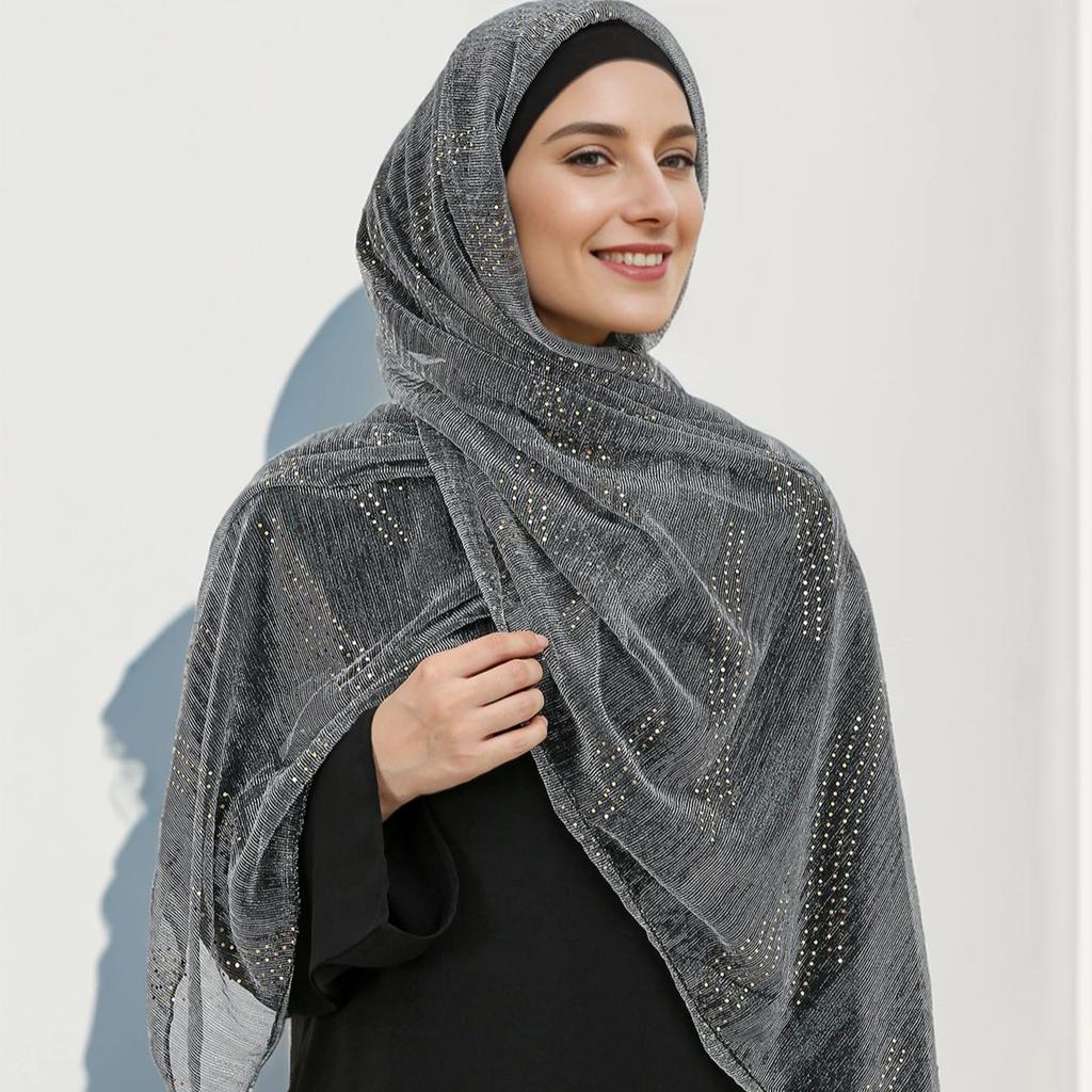 Glitter Women Hijabs With Rhinestone Islamic Sequins Long Shawl Head Scarf Female Full Cover Wrap Hijab Plain Muslim Headscarf