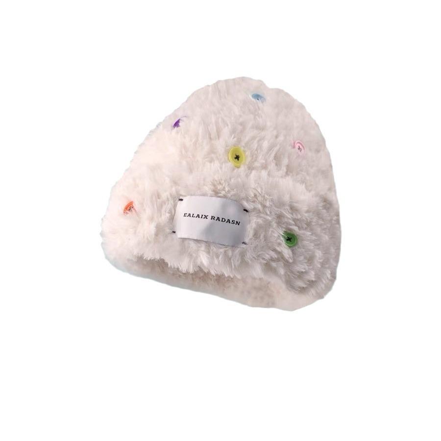 White deer button hat women's autumn and winter plush warm knitted bucket hat cold hat big head circumference wool hat basin hat