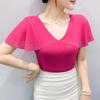New European Women's T-Shirt Clothes Sexy V-Neck Chic Ruffles Hot Diamonds Tops Shirts Summer Short Sleeve Slim Mesh Tees