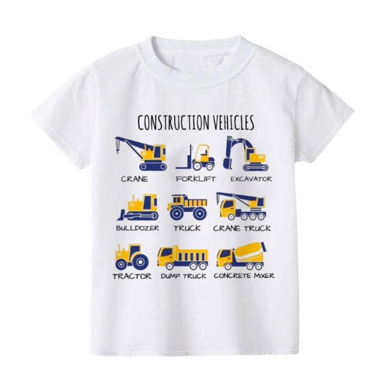 Summer Construction Machines Tractor Print Baby Boys T-shirt Natural Work Zone Kids Clothing Children's Summer Top