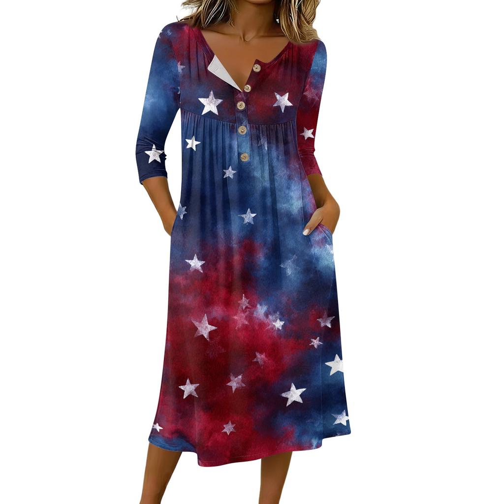 Women's Casual 3/4 Sleeve Button Neck Mid-Length Dress with Abstract Print and Loose Fit for Everyday Wear