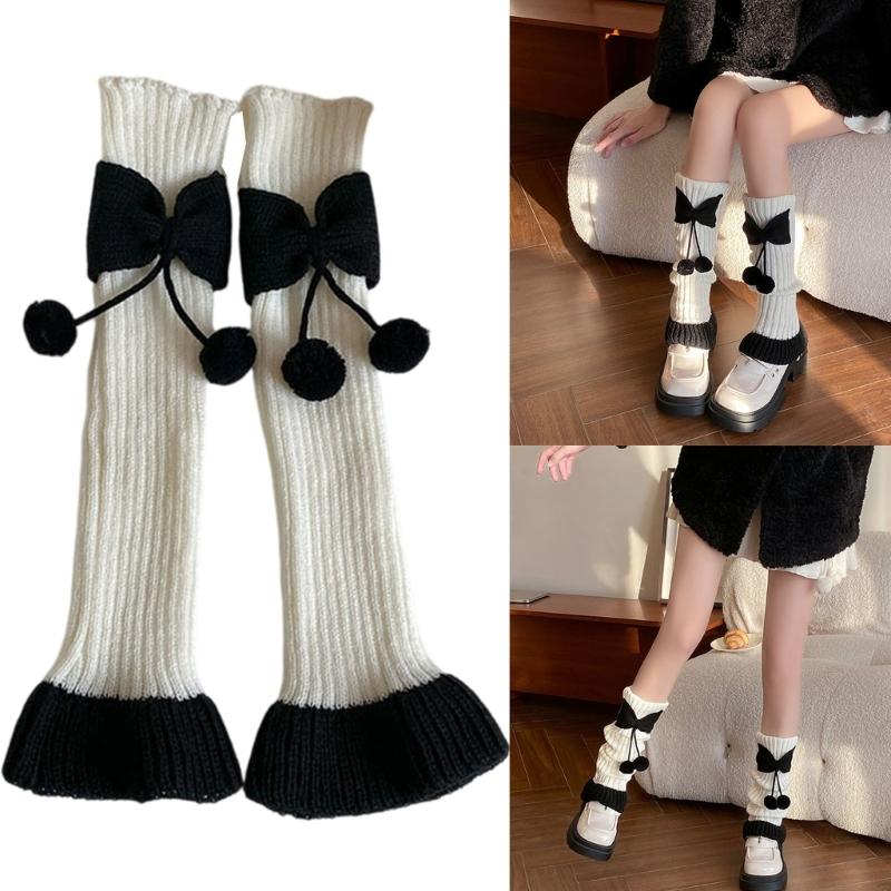 Fashionable Women's Leg Warmers Ribbed Socks Elastic Lace Trim with Cute Bows and Fuzzy Ball Winter Accessories