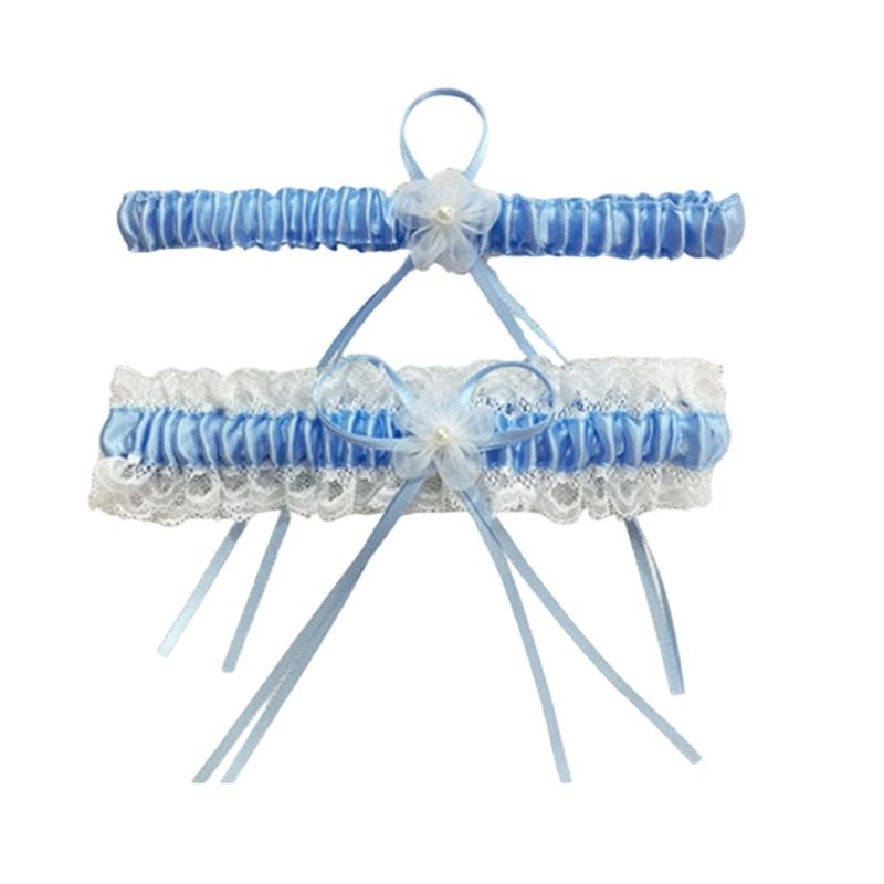 2Pcs Trimmed Lace Bowknot Bridal Garters Set for Engagement Party Accessory Gift