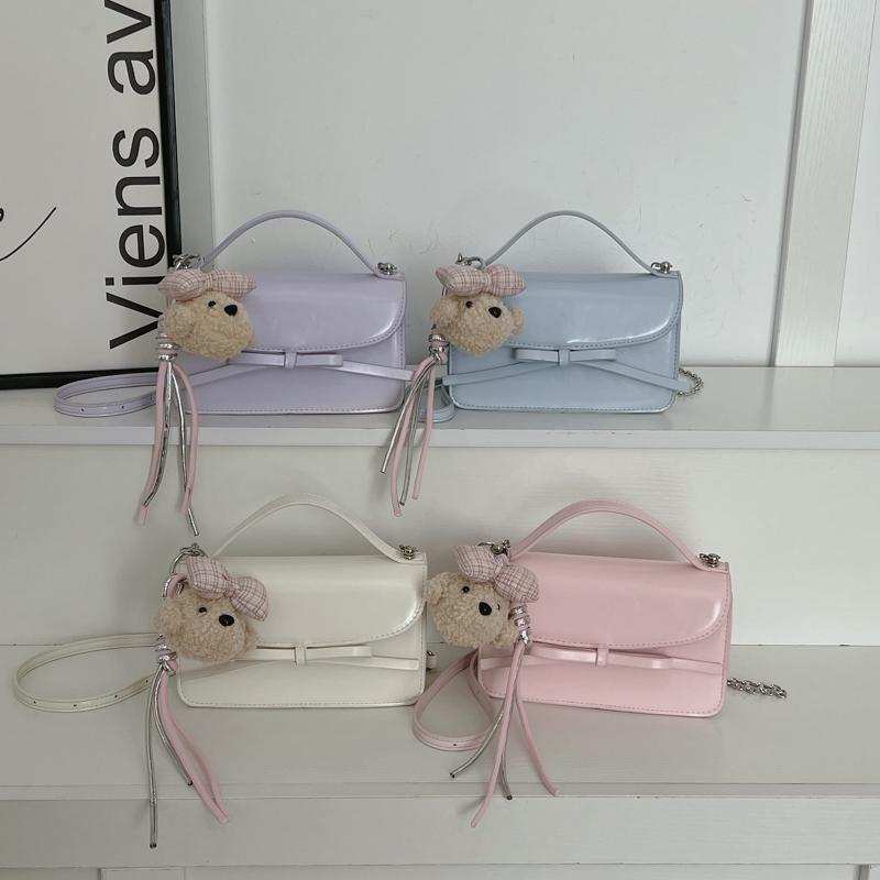 Fashion Sweet Bow Decor Small Satchel Bag Faux Leather with Chain Strap Crossbody Purse Plush Teddy Pendant Convertible Handbag