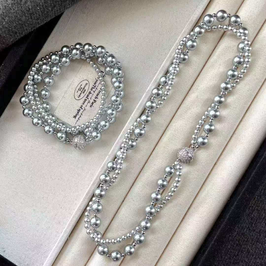 

4Mm8Mm Platinum Gray 616 High Quality Strong Light Artificial Crystal Pearl Winding Necklace Collarbone Chain
