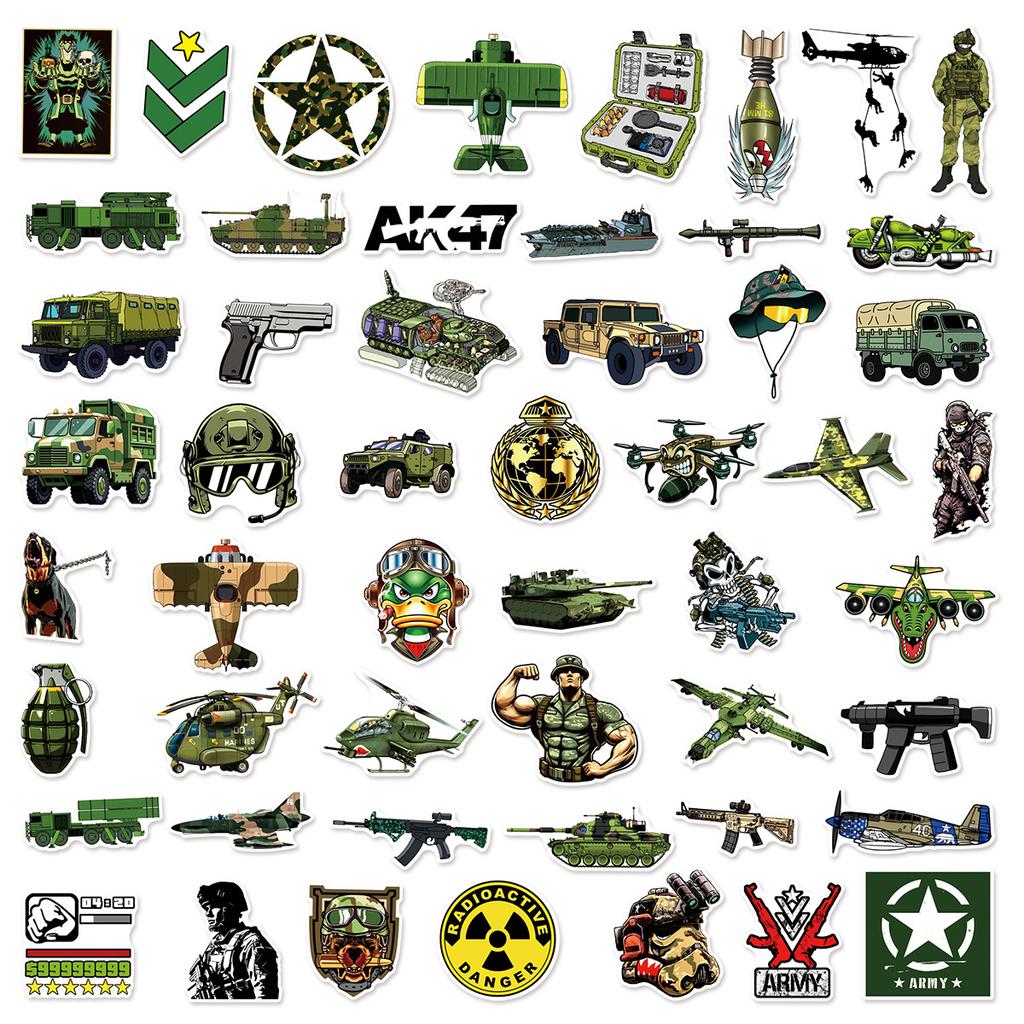 50/100 Pcs Cartoon Military Equipment Theme Stickers No Repeat for Helmet Scooter Notebook Stationery Box Suitcase Outdoor Gear