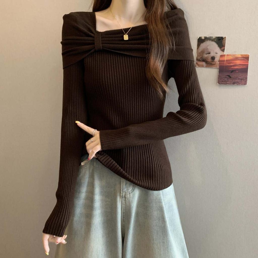 2025 Autumn and Winter New One-word Neck Bow Personalized Versatile Knitted Sweater Women's Fat Slim Slim Top