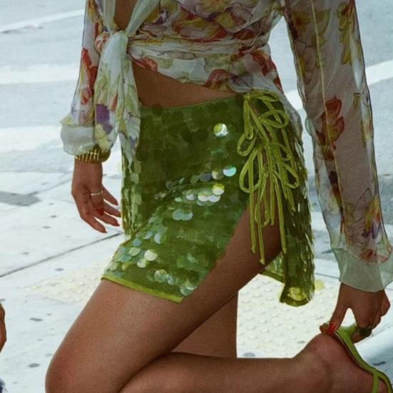 Women Mini Skirt High Waist Side Lace-up Design Short Skirt Shiny Sequins