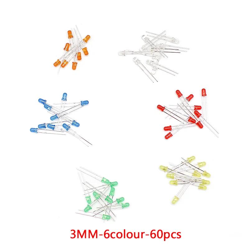 

60PCS LED Diodes 5mm 3mm F3 F5 LED Light Emitting Diode Kit Red Orange Yellow Green Blue White 6 Colors