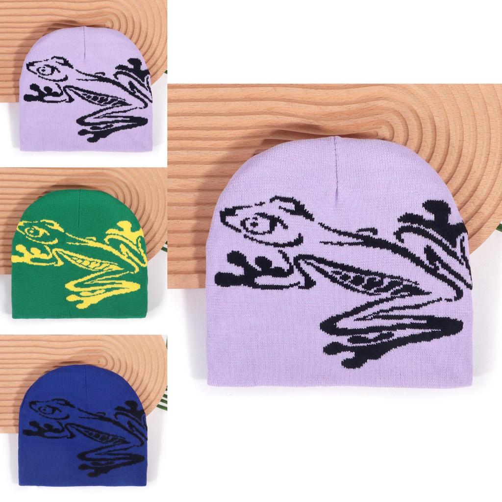 Black Acrylic Cold Weather Cap With Frog Pattern For Streetwear And Casual Use