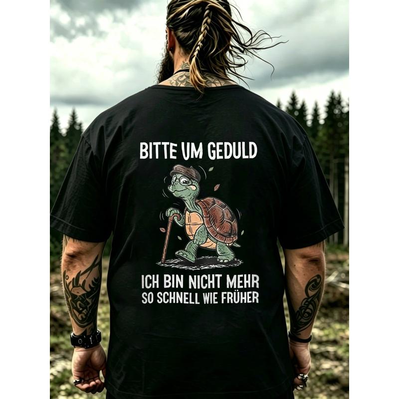 Men'S T-Shirt Black Turtle With Stick And German Text For Casual Wear, PLUS SIZE