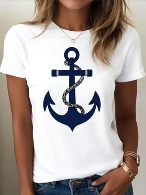 Damen Nautical Anker Grafik T-Shirt Lässig Sommer Rundhals Weißes T-Shirt Top