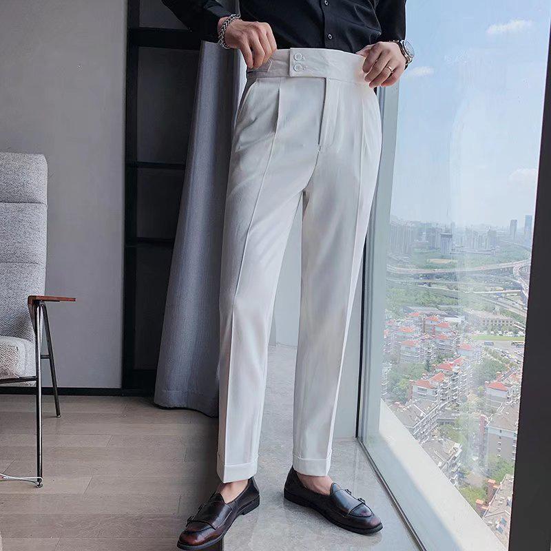 Men's Slim High-Waisted Business Trousers - Solid Color Straight Fit