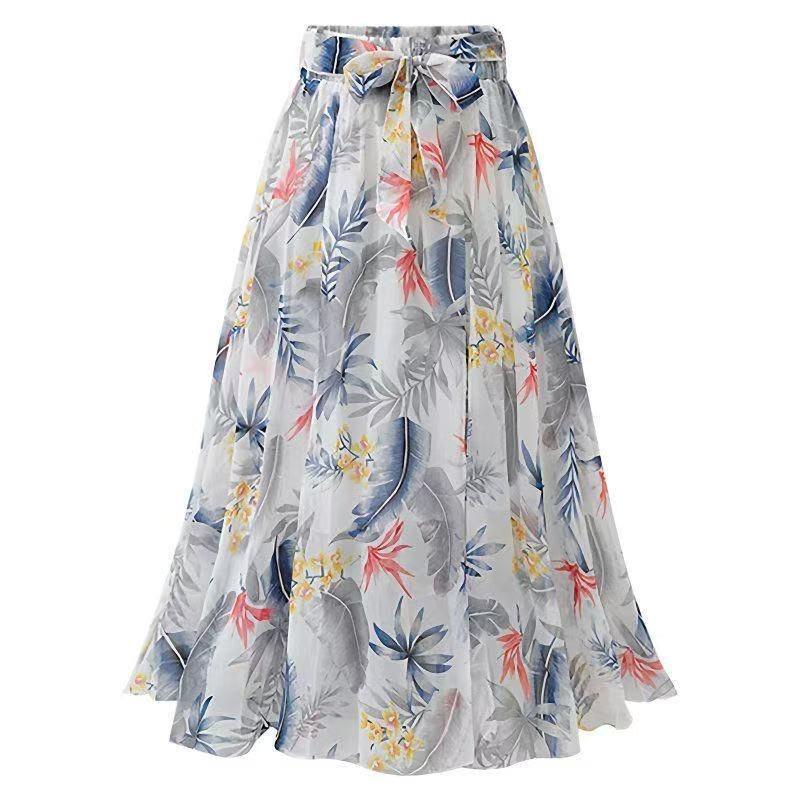 

Summer Print Floral Skirts Women Casual Loose Elastic Waist Plus Size Skirt Belt A Line Beach Saias Midi XXXL білий