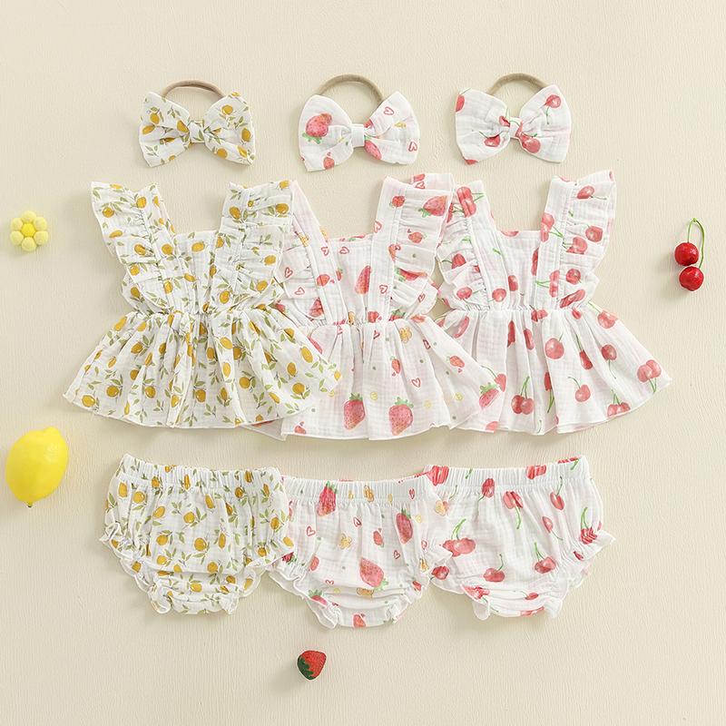 Newborn Baby Girl Summer Outfits Strawberry/Cherry/Lemon Print Fly Sleeve Tops Elastic Waist Shorts Headband 3Pcs Clothes Sets