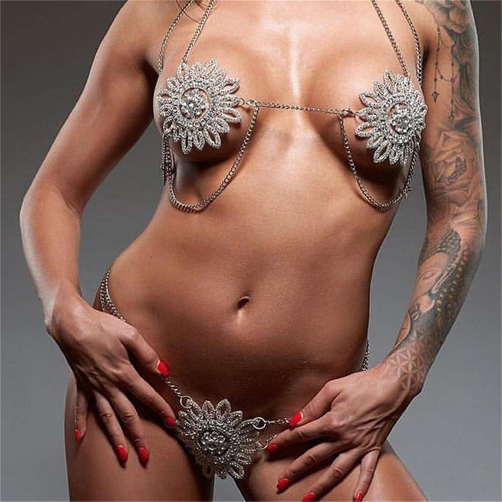 European And American Sexy Sunflower Rhinestone Body Chain, Personalized Nightclub Diamond-Encrusted Bra Thong Set Accessories
