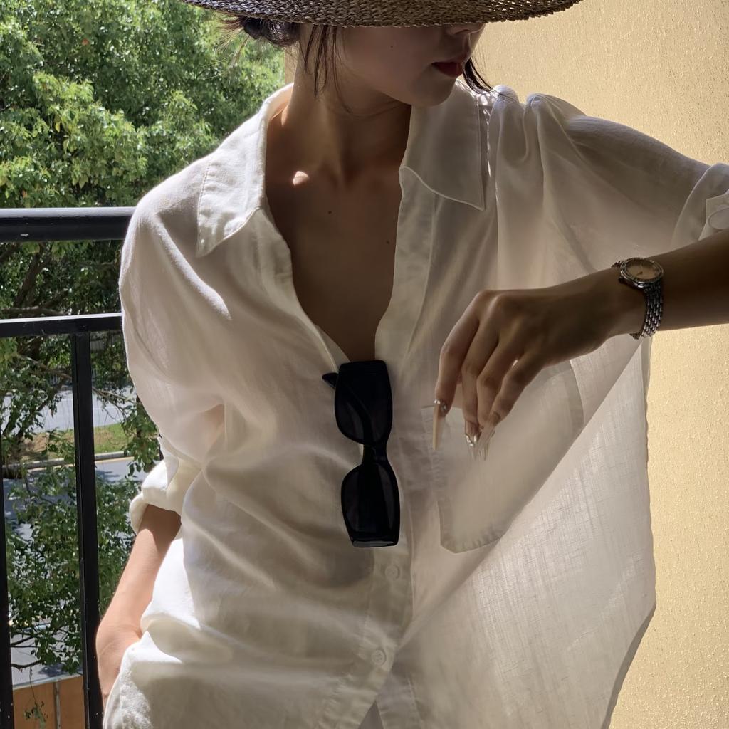 Old Money Wind Linen Shirt Women's White Loose Lazy Wind Long Sleeve Summer Casual Thin Sunscreen Top
